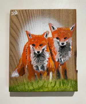 Foxes - New Artwork for 2024  - No. 5 on Elm wood size 16 x 19cm