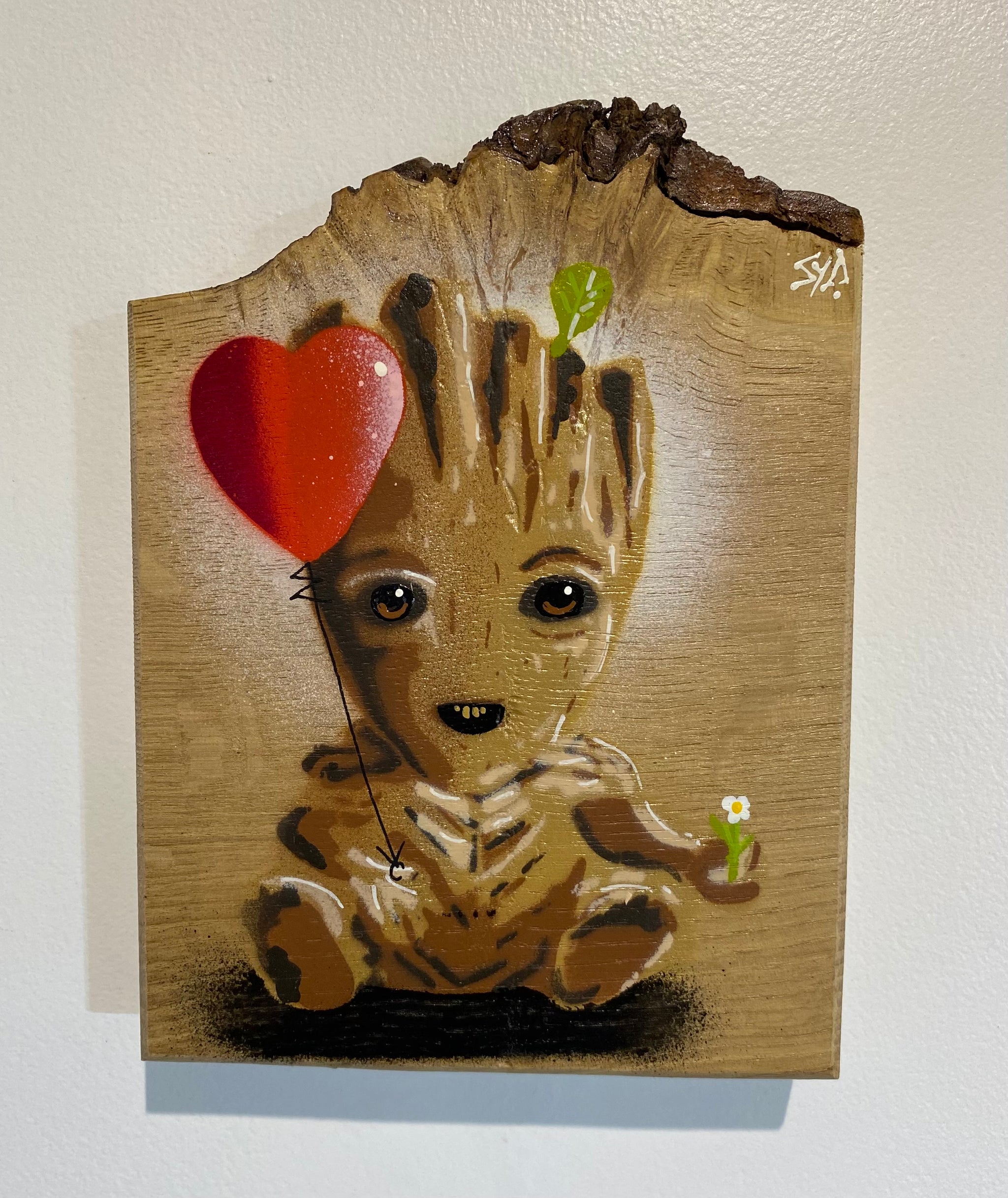 'Cute Roots' on Oak wood no. 95 - artwork size 14 x 20cm - Signed Limited Edition (with additional heart balloon)