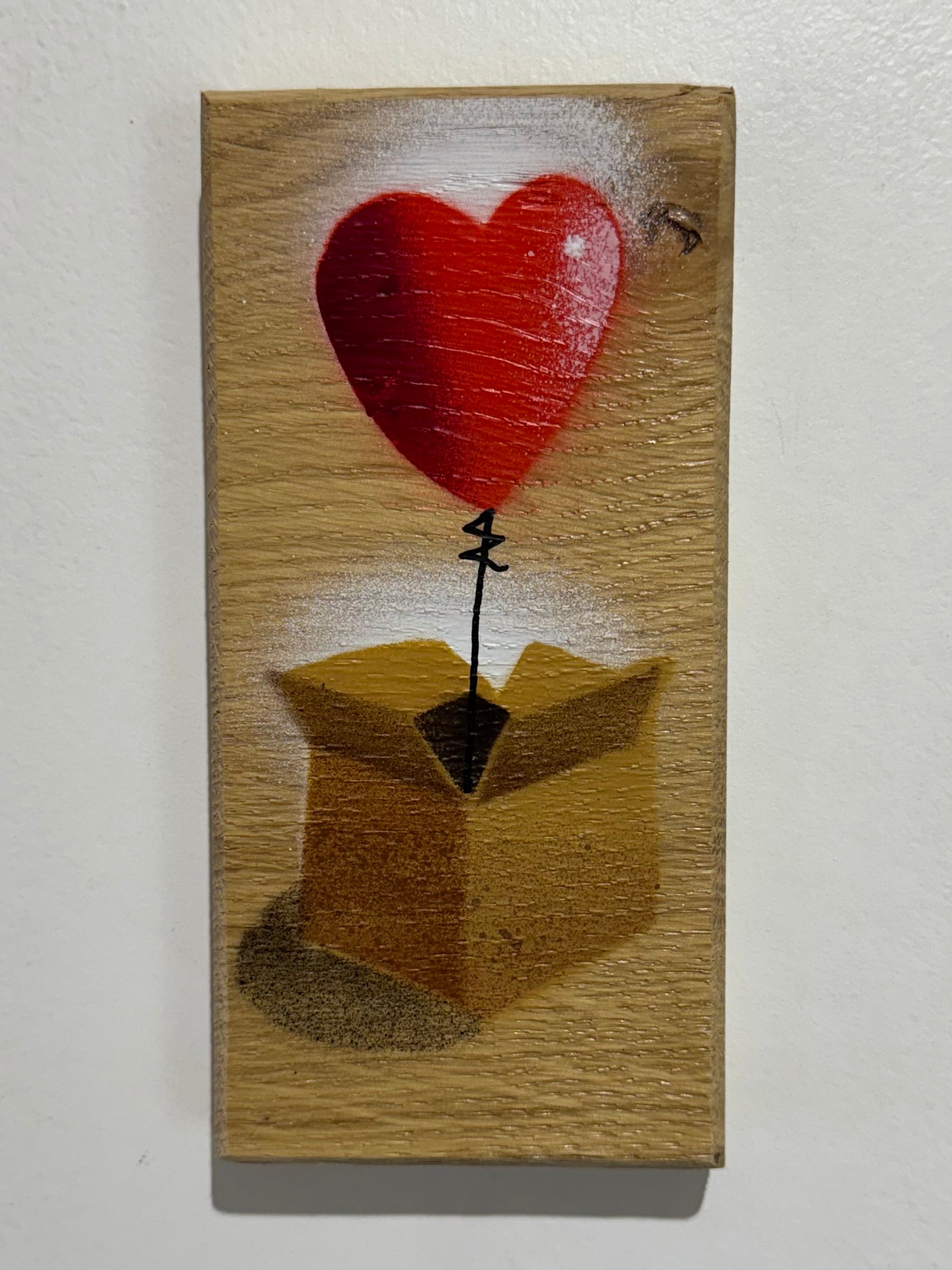 Heart Balloon in a box - Handmade Stencil artwork on Oak - 8 x 15cm