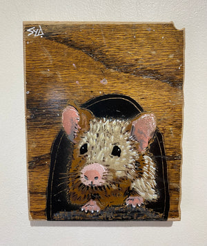 John Mouse Stencil Art on upcycled wood. New for 2024 size 13 x 17cm