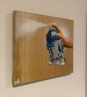 R2 Spray Can artwork on Oak - 21 x 19cm