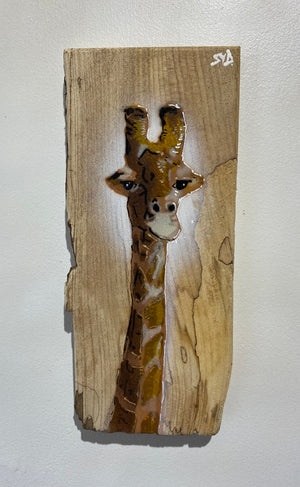 Giraffe ‘Peepo’ New artwork for 2024 on light Elm Wood size 13 x 29cm