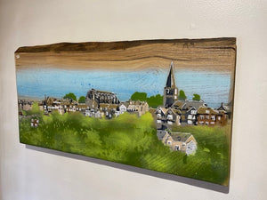 Malmesbury landscape from 2021 on Elm wood - unique artwork size approx 60 x 30cm