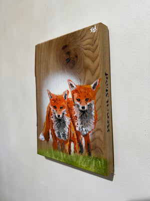 Foxes 2024 Valentines Art Work - No. 1 on Elm wood - 18 x 23cm