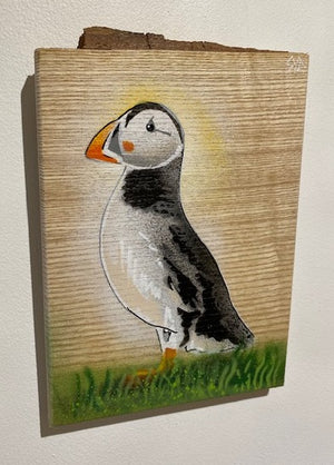 Puffin artwork on ash wood with bark top edge -17 x 24cm