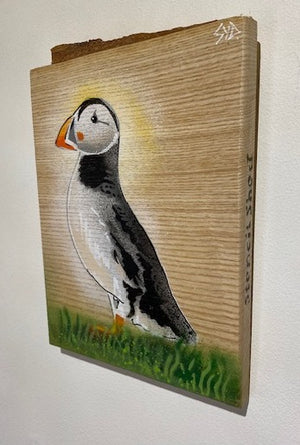 Puffin artwork on ash wood with bark top edge -17 x 24cm