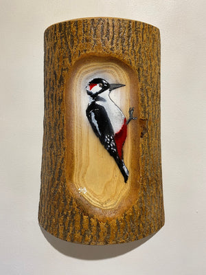 Woodpecker on Ash wood - Number 25 - Log Art - 25cm by 34cm