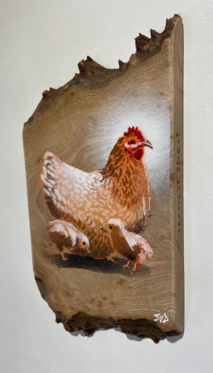 Chicken + Chicks 2023 - Number 1 in edition on rare Elm wood - 18 x 31cm