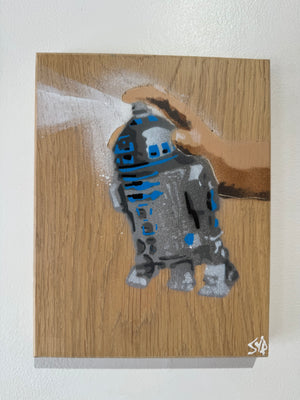 R2 Spray Can artwork on English Oak - Very popular piece - size 15 x 20cm