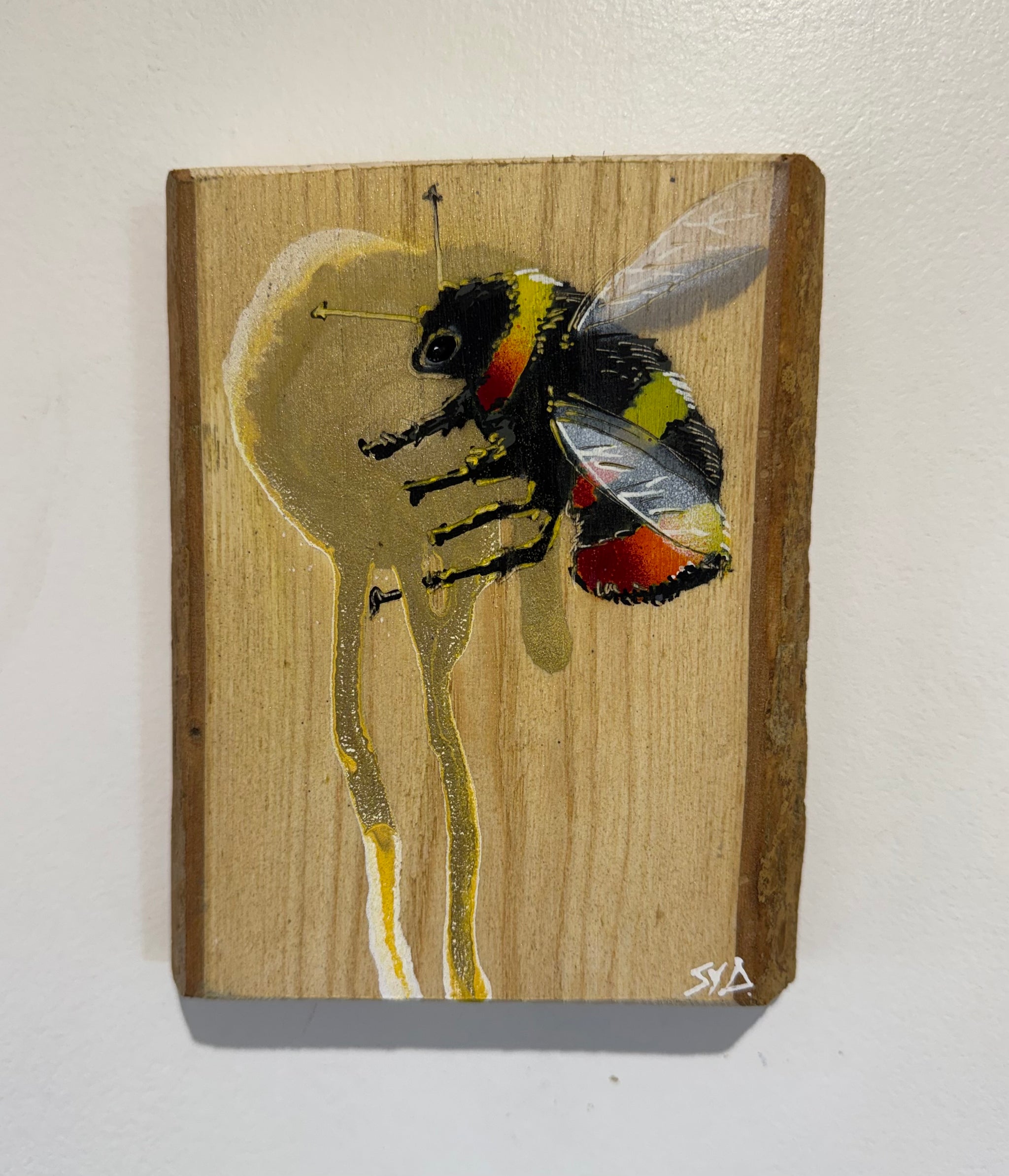 Bee 'Honey' yellow, cream and gold drip - 14 x 16cm - Individual Spray painted artwork on Ash wood