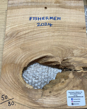 Kingfisher ‘Fisherman’ on fantastic piece of Elm wood - Signed unique artwork size 26 x 35cm - Number 50 in edition