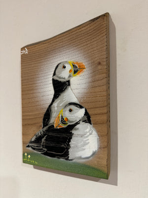 Pufflings For Life - Puffin artwork on Elm wood Signed Limited Edition - size 14 x 23cm