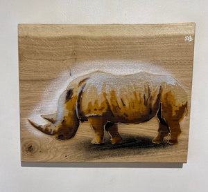 Rhino - Artwork on Elm wood - Handmade and signed limited edition 34 x 23cm