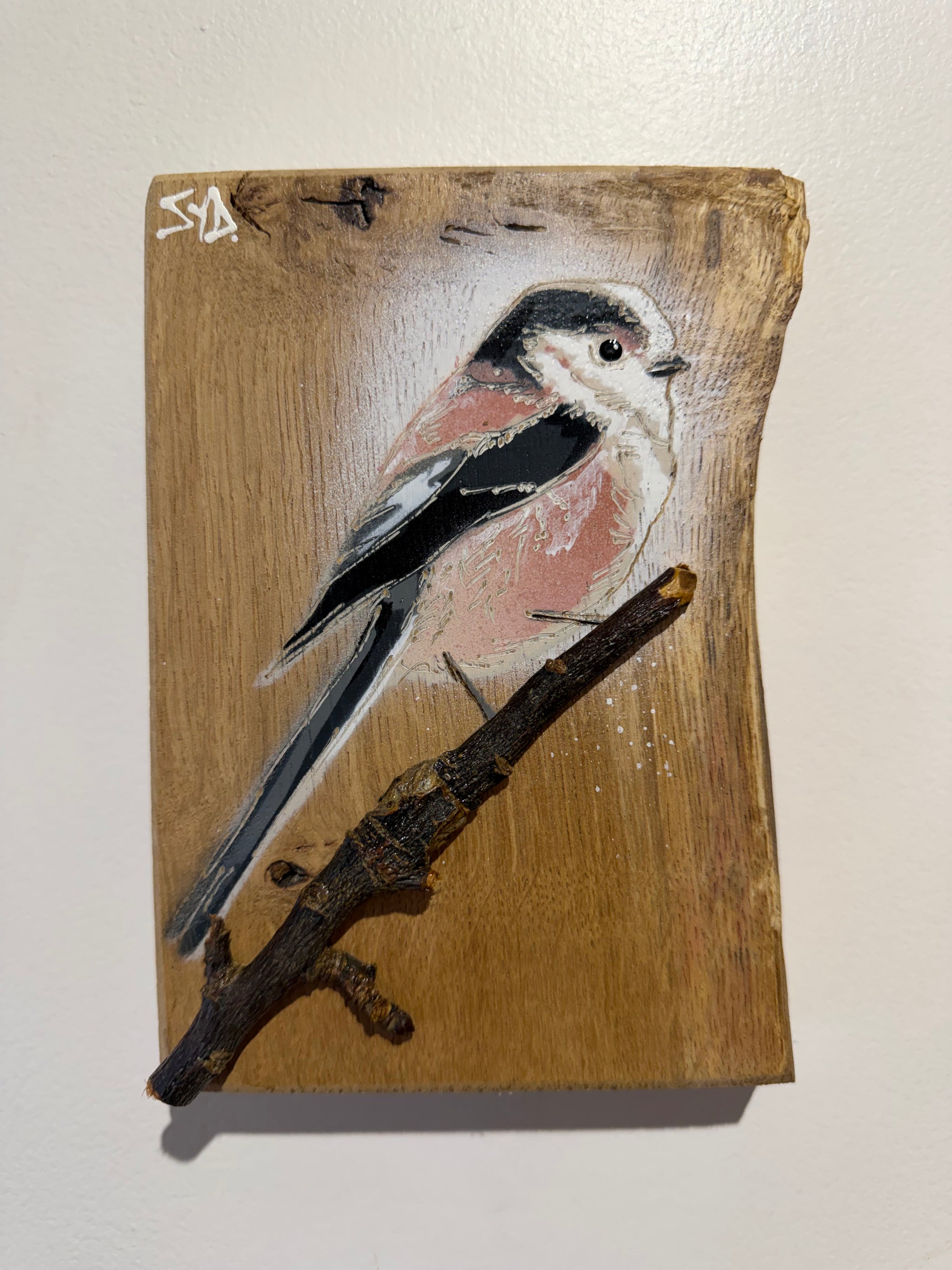 Long Tailed Tit 2026 on Oak Wood - 13 x 19cm - Handmade Stencil Art with 3D branch