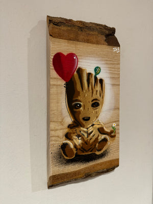 ‘Cute Roots' on special piece  of double bark Ash wood no.80 - artwork size 13 x 29cm - Signed Limited Edition (with additional heart balloon) )