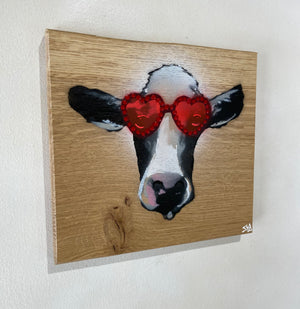Glastonbury Cow on Oak wood with Elton John Glasses - 21 x 20cm - Only few left!!