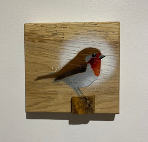 Robin 2024 on English Oak - 13 x 14cm - Handmade spray painted artwork