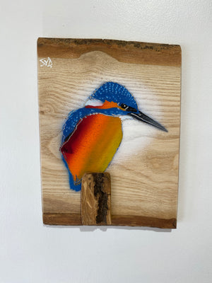 Kingfisher ‘Fisherman’ on Ash barky wood - Signed artwork size 16 x 23cm