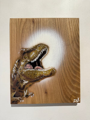 ‘Jurassic Party' Artwork on Elm wood - Number 20 - 23 x 18cm