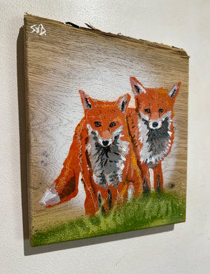 Foxes New Artwork for 2024.- No.9 on Oak wood - 17 x 22cm - Signed limited edition