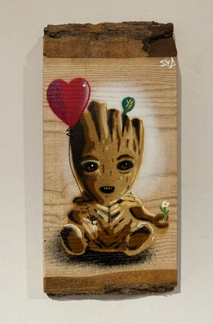 ‘Cute Roots' on special piece  of double bark Ash wood no.80 - artwork size 13 x 29cm - Signed Limited Edition (with additional heart balloon) )