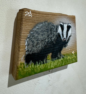 Badger 'Care Bear' - New for 2024  No. 4 on Elm wood from the UK - 13 x 10cm
