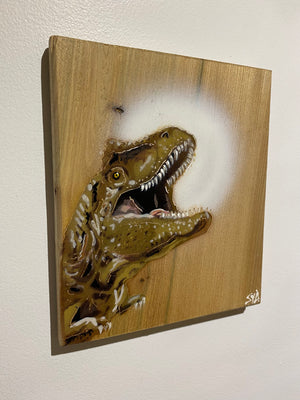 'Jurassic Party' Artwork on Elm wood - Number 26 - 18 x 21cm