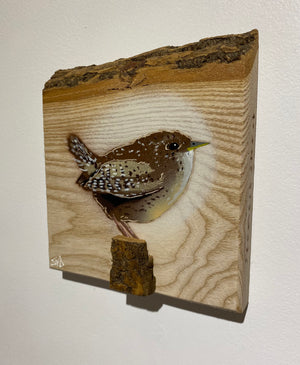 Wren 2023 on barky Ash wood from the UK - signed limited edition artwork - 15 x 17cm