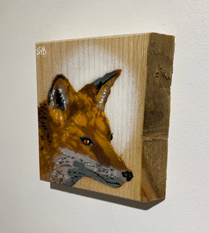 Fox 'Alert' on Ash wood - Size 14 x 15cm - Limited Edition Artwork