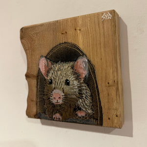 John Mouse ‘Number 1’ Stencil Art on Elm wood. New for 2024, 12 x 15cm