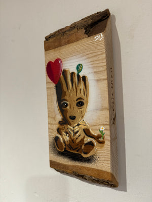 ‘Cute Roots' on special piece  of double bark Ash wood no.80 - artwork size 13 x 29cm - Signed Limited Edition (with additional heart balloon) )