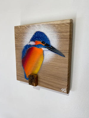 Kingfisher ‘Fisherman’ on Oak wood - Signed Limited Edition artwork size 15 x 16cm