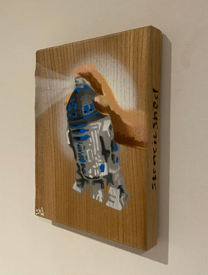 R2 Spray Can artwork on Elm - 15 x 20cm