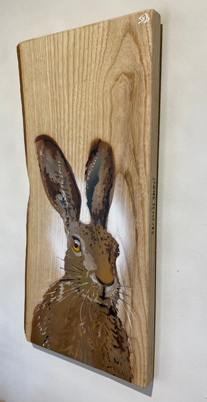 'Hare Today' artwork on Ash wood with barky edge - Limited edition and signed - 29 x 59cm.