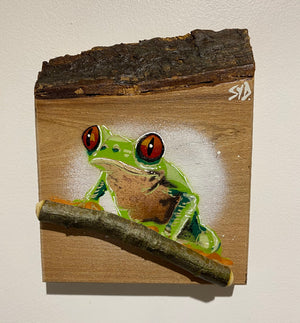 Tree Frog Brand New Artwork fro 2025 on Elm - Number 18 - 14 x 15cm with barky top edge