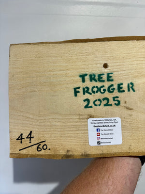 Tree Frog Brand New Artwork fro 2025 on Barky Ash log - Number 44 - 28 x 12cm - Frog in a log!!