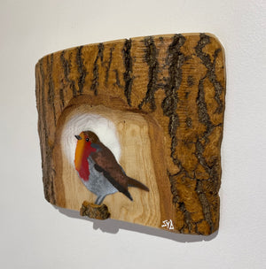 Robin 2025 on English Ash with beautiful log style bark and 3D stump - 21 x 18cm - New for Mother's Day