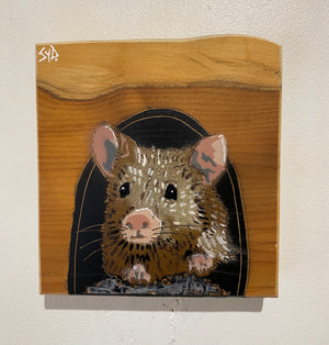 John Mouse Stencil Art on Yew, upcycled wood. New for 2024 - size 14 x 15cm