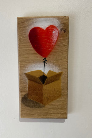 Heart Balloon in a box - Handmade Stencil artwork on Oak - 8 x 15cm