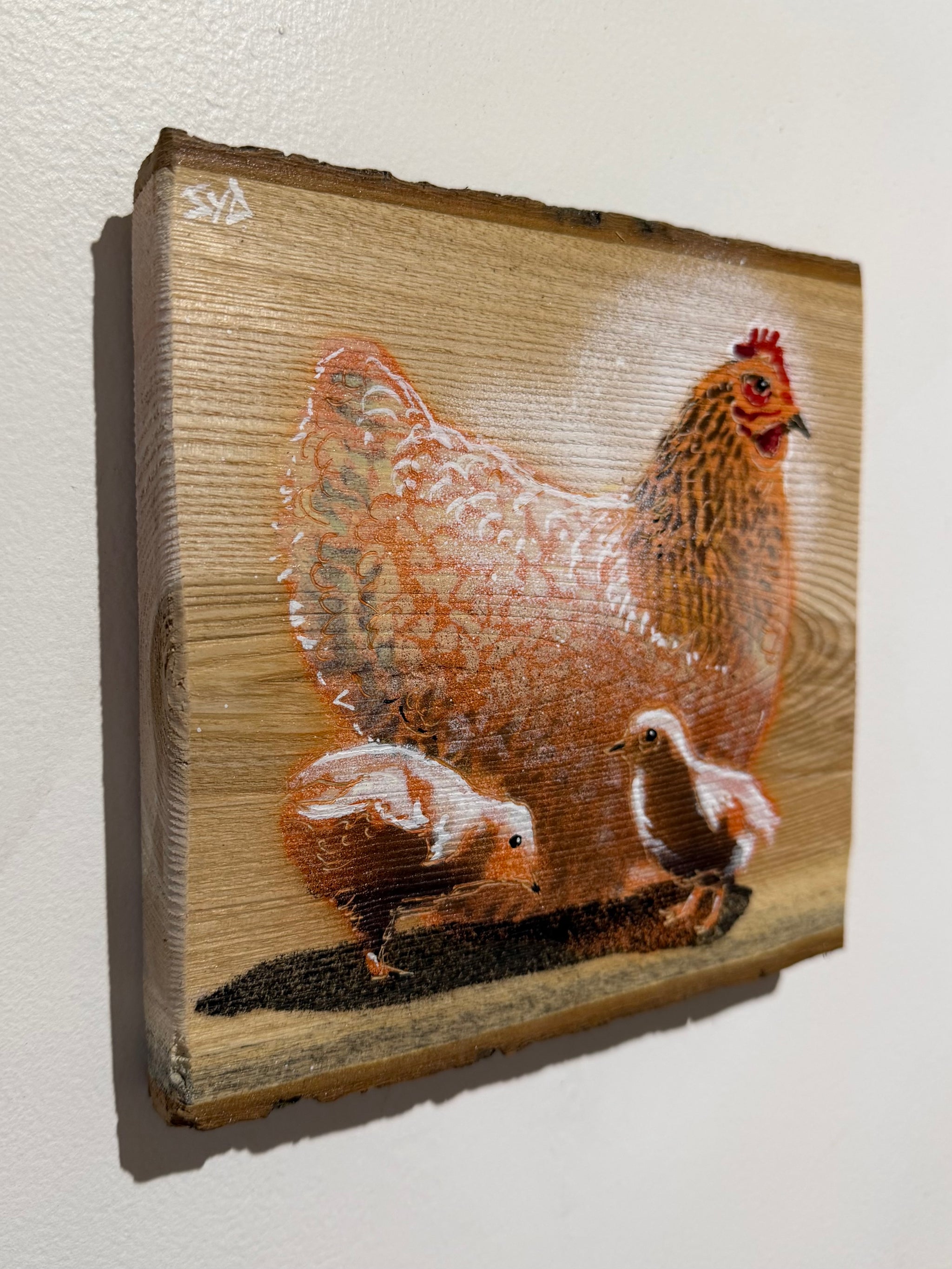 Chicken + Chicks 2023 'Back in stock' on barky ash wood - 17 x 18cm - Mothers Day Gift