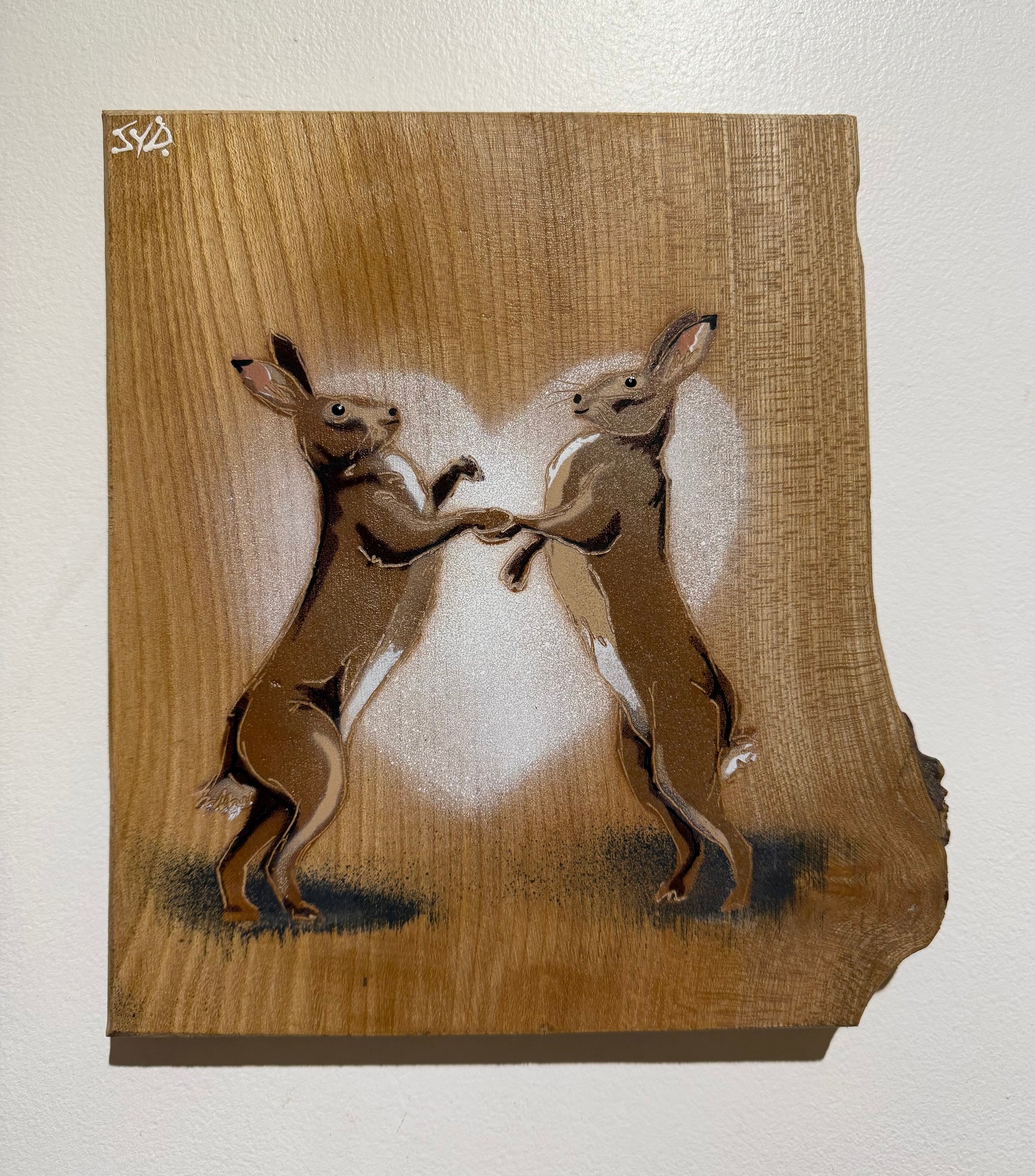 Hares Artwork on rare Elm wood with rich grain -  Number 33  - approx size 18 x 21cm