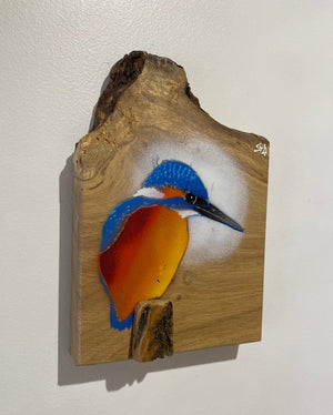 Kingfisher ‘Fisherman’ on fantastic piece of Oak wood - Signed unique artwork size 16 x 23cm - Number 50 in edition