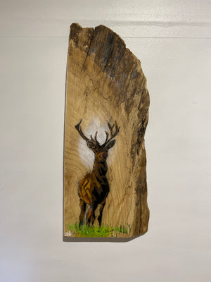 Solid Stag artwork design on Elm wood - 14 x 30cm Signed Artist's Choice