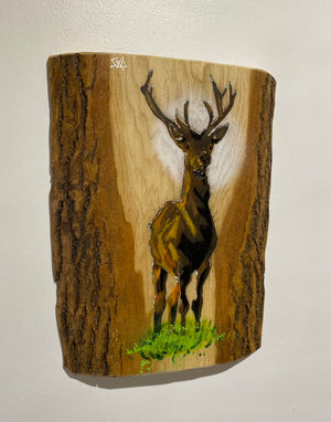 Solid Stag on barky 'log art' Ash wood - 24 x 22cm - Limited edition signed artwork