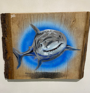 'Shark' stencil spray painted artwork on Ash wood - Signed, Limited edition piece - Handmade in Wiltshire - size 37 x 27cm - BACK IN STOCK!!