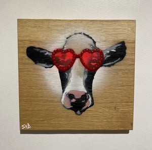 Glastonbury Cow on Oak wood with Elton John Glasses - 22 x 21cm - Only few left!!