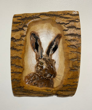 'Hare Style' artwork on Ash wood on unique log style piece - size 17 x 24cm