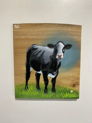 Still Worthy Cow - New for Christmas 2025 - Signed limited edition Number 16 spray painted art on Elm wood - size 20 x 23cm