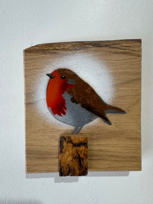 Robin 2025 on rare Elm with beautiful grain and 3D perch - 13 x 15cm