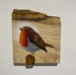 Robin 2025 on English Ash with beautiful rustic bark edge and 3D stump - 12 x 12cm - New for Mother's Day